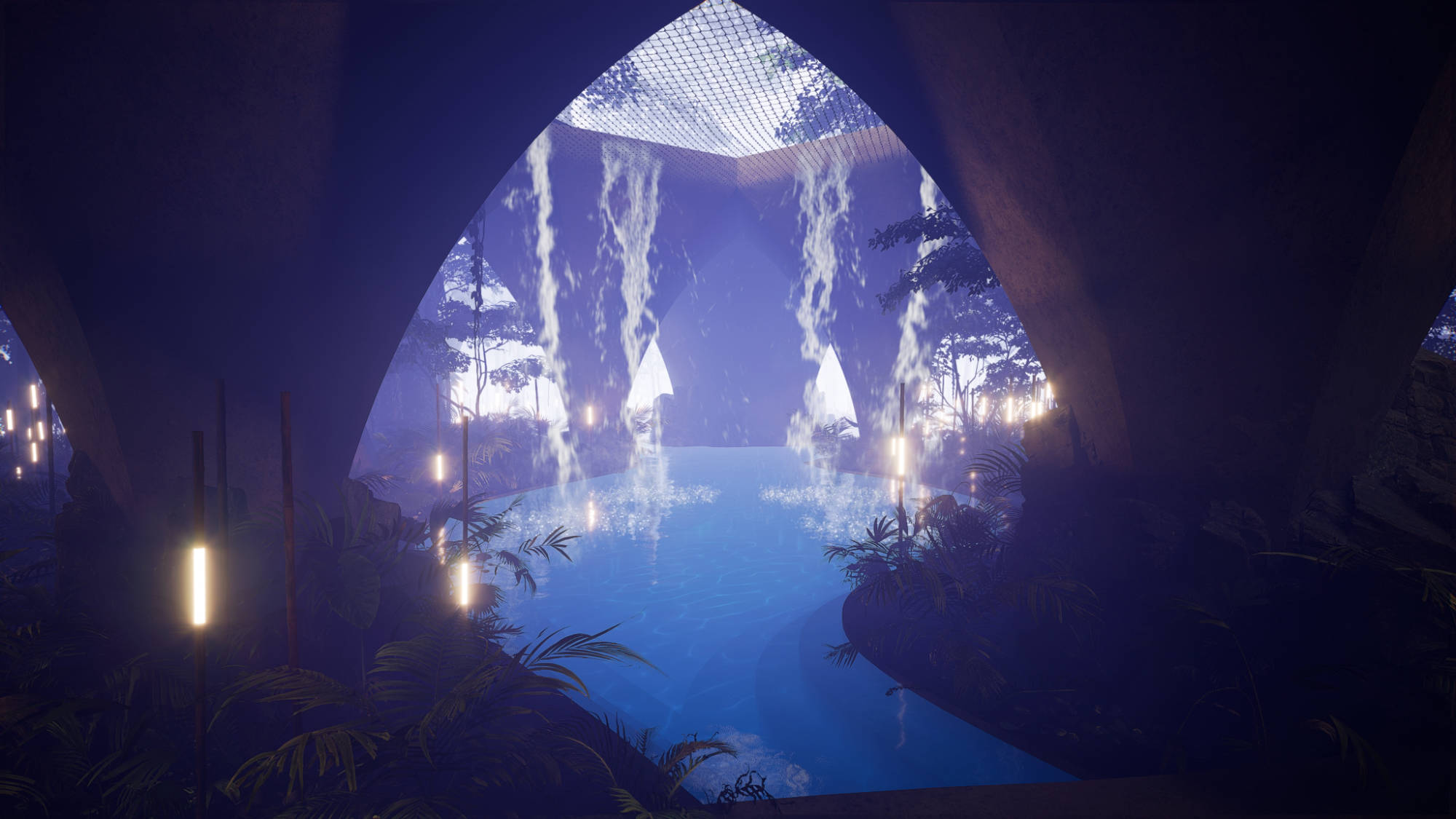 Soul Tulum surrealist illuminated pool at night